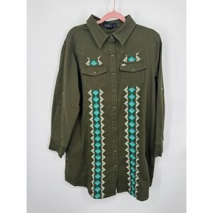 NWT Lucky & Blessed Shirt Dress Womens Large Olive Green Denim Button Embroidery